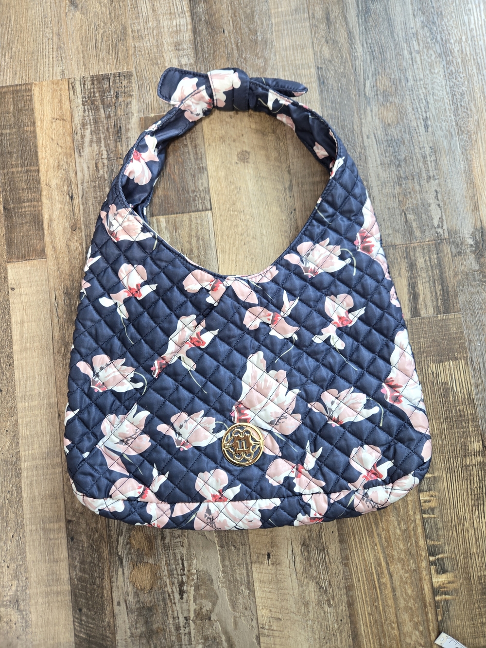 Nanette Lepore Navy Quilted Floral Shoulder Bag with Pink Flowers